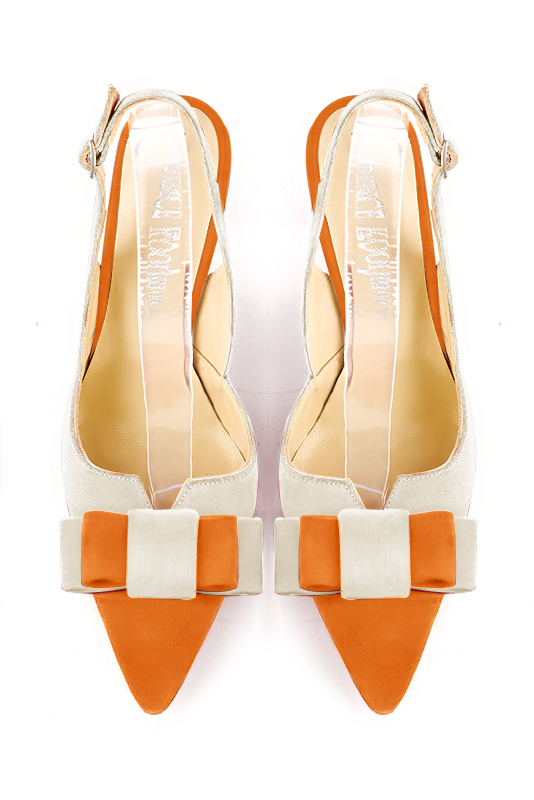 Apricot orange and off white women's open back shoes, with a knot. Tapered toe. High kitten heels. Top view - Florence KOOIJMAN